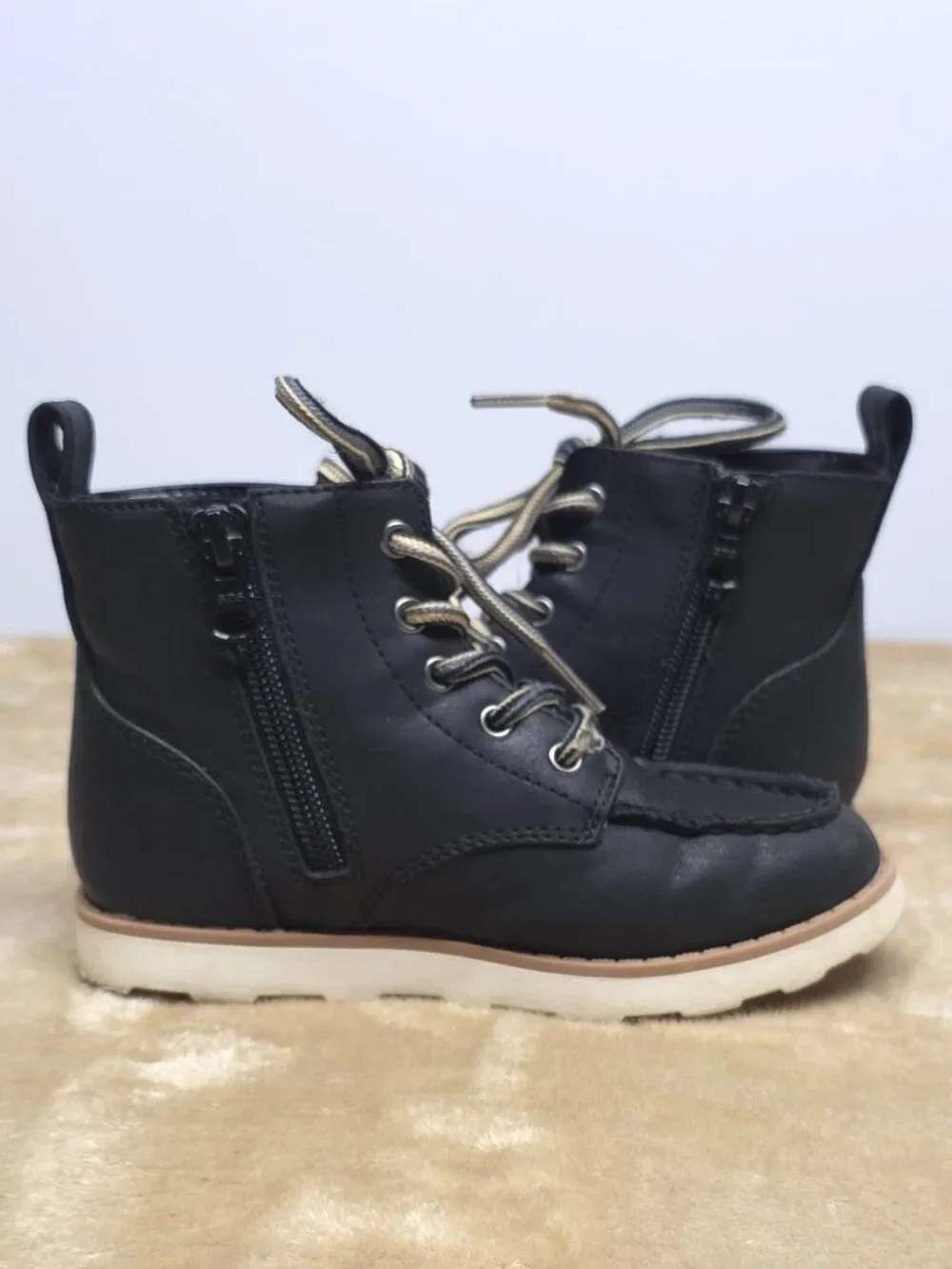 Cat & Jack Kids Size 10 Black Ankle Boots Lace Up Side Zip Moc Toe
